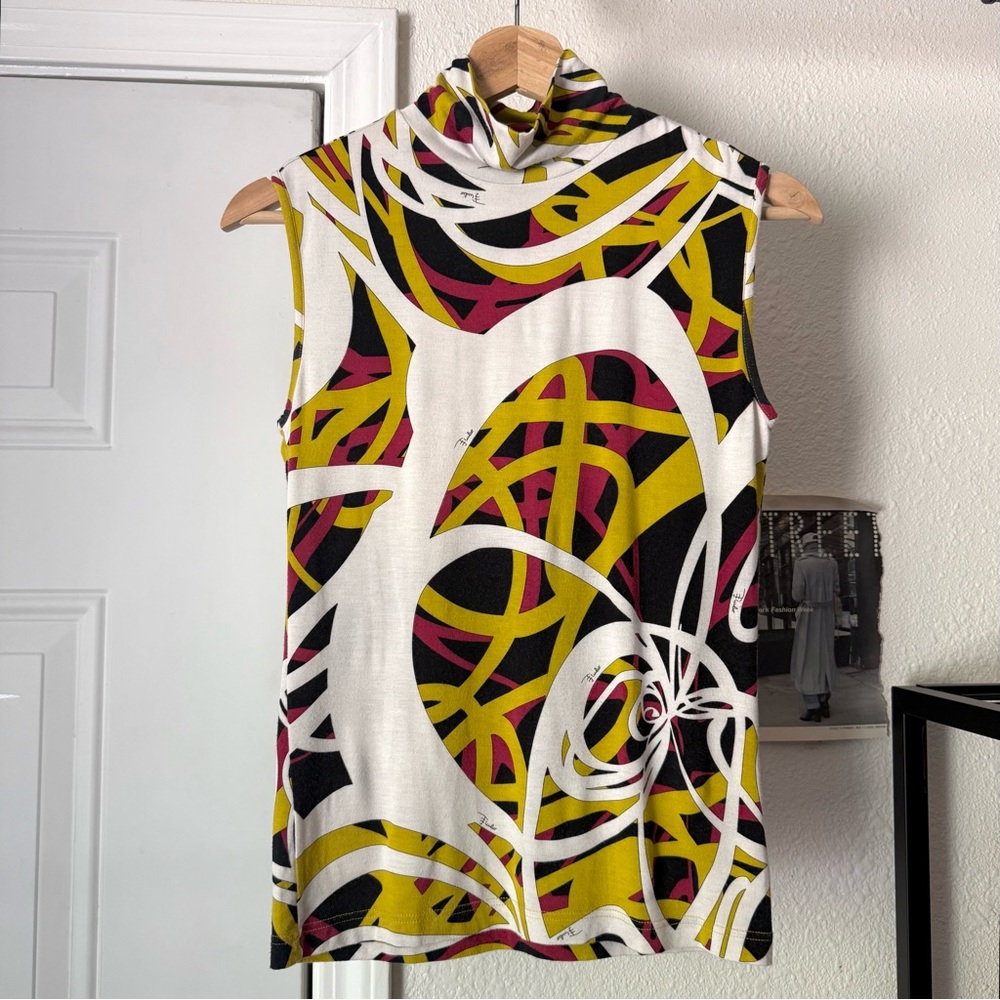 EMILIO‎ PUCCI multicolor abstract scribble print mock turtleneck sleeveless tank